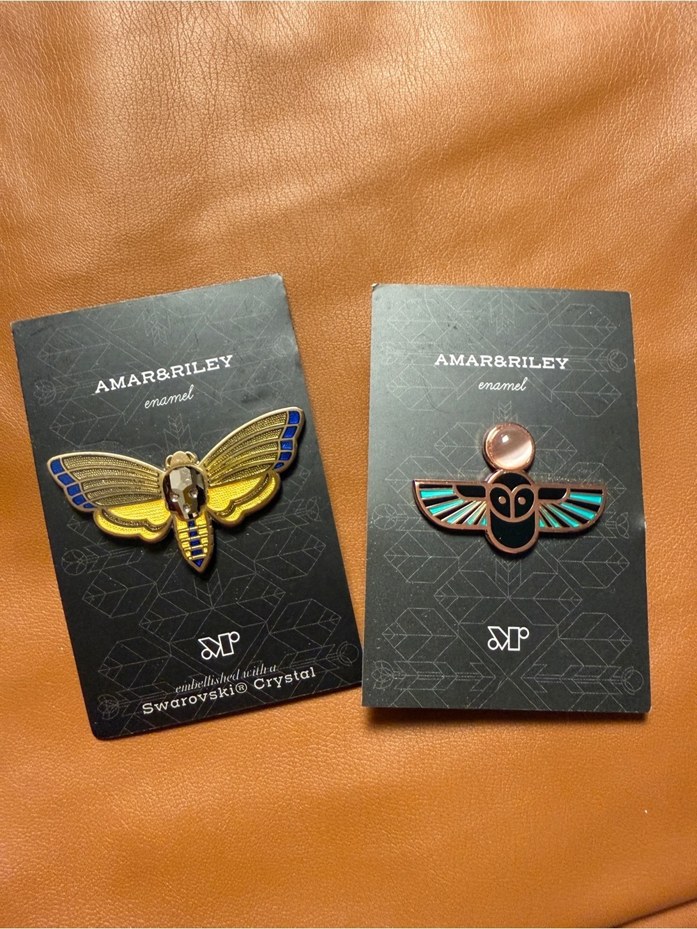 AMAR & RILEY Enamel Pin Brooch Set Atropos Moth & Minerva Owl Pins